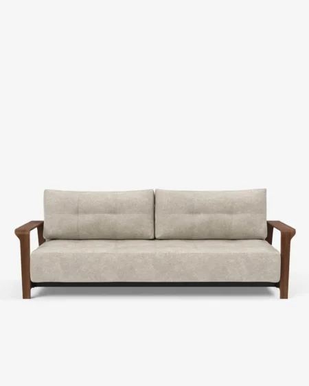 Luxury Alden Wooden-Arm Sofa featuring a solid kiln-dried wood frame, exposed walnut arms, and textured fabric upholstery for living rooms.