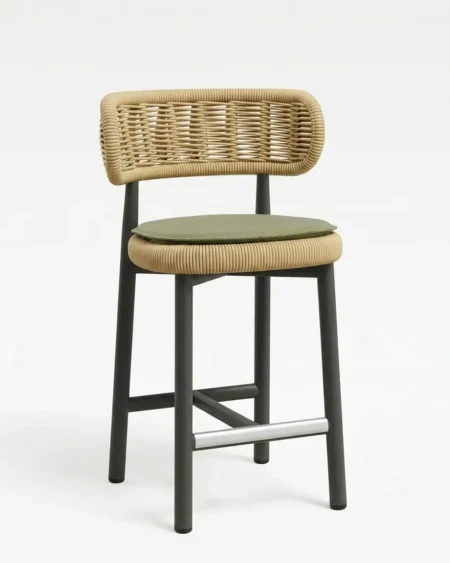 Marine-grade aldridge bar stool with black powder-coated frame and vertical rope weave