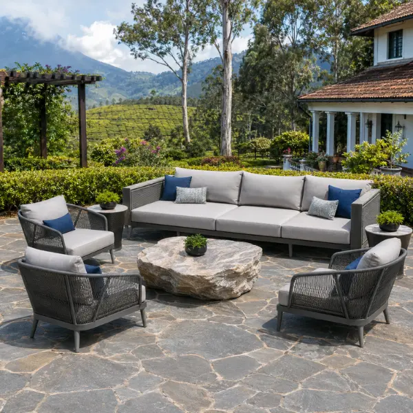 All-weather outdoor furniture engineered for Coonoor's hill-station humidity, featuring rust-proof aluminium and UV-stabilized wicker.
