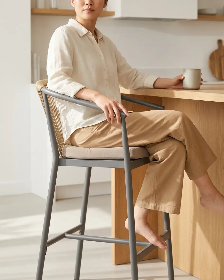 Side view of the UV-stabilized vertical rope weave on an outdoor aluminium armchair bar stool