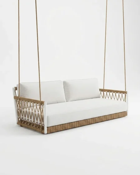 The Amalfi Three Seater Hanging Sofa featuring a minimalist ceiling-hung design and premium jute-style rope weave.
