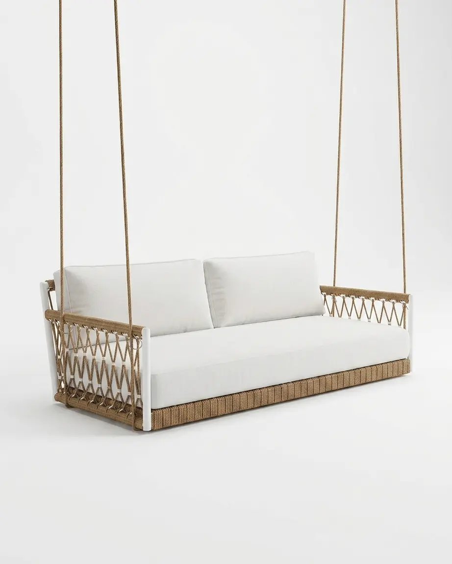 The Amalfi Three Seater Hanging Sofa featuring a minimalist ceiling-hung design and premium jute-style rope weave.