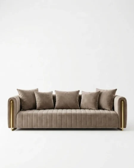 Luxury Amara Channel-Tufted Velvet Sofa featuring a solid kiln-dried wood frame, premium velvet upholstery, and elegant brass legs for living rooms.