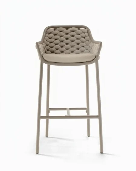 Marine-grade amberley bar stool with taupe powder-coated frame, thick braided rope wingback, and tailored inset cushion