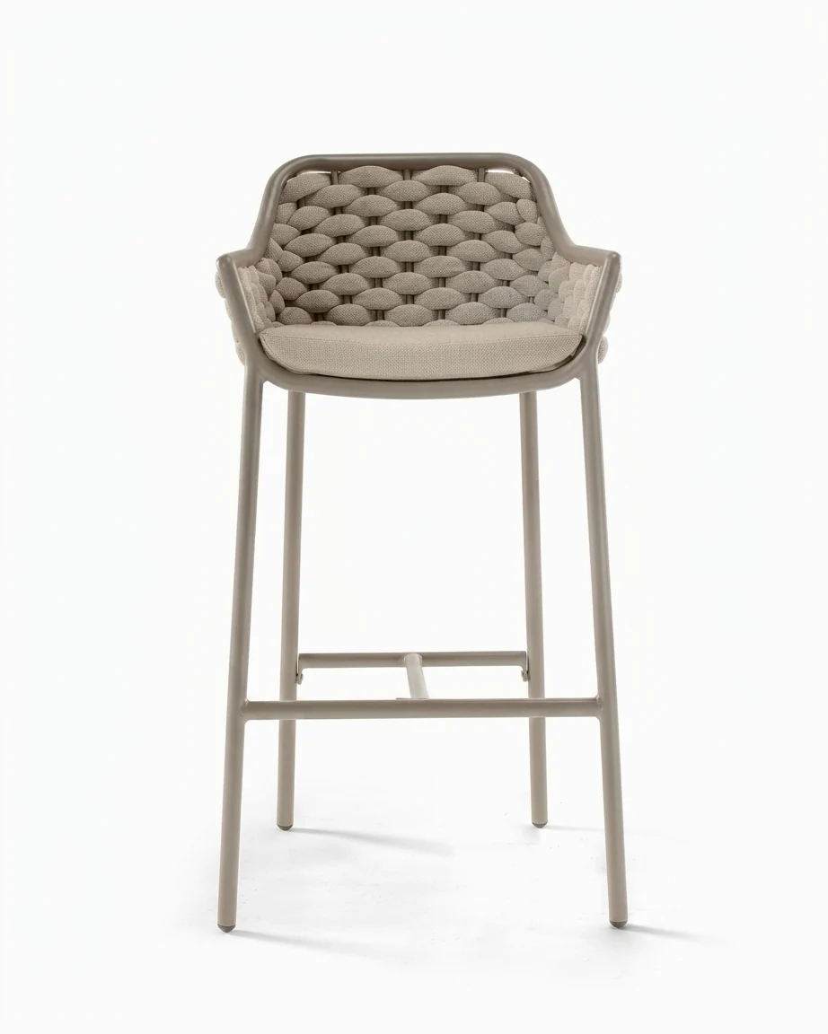 Marine-grade amberley bar stool with taupe powder-coated frame, thick braided rope wingback, and tailored inset cushion