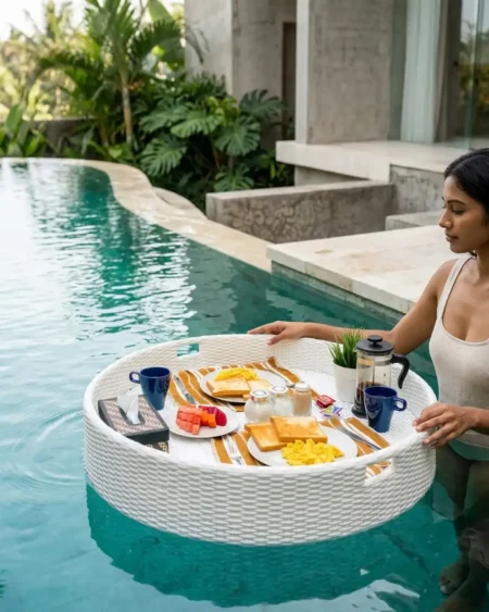 The Aqua Float Rattan Breakfast Tray featuring a buoyant heart-shaped silhouette and waterproof PE rattan over rust-proof aluminum.