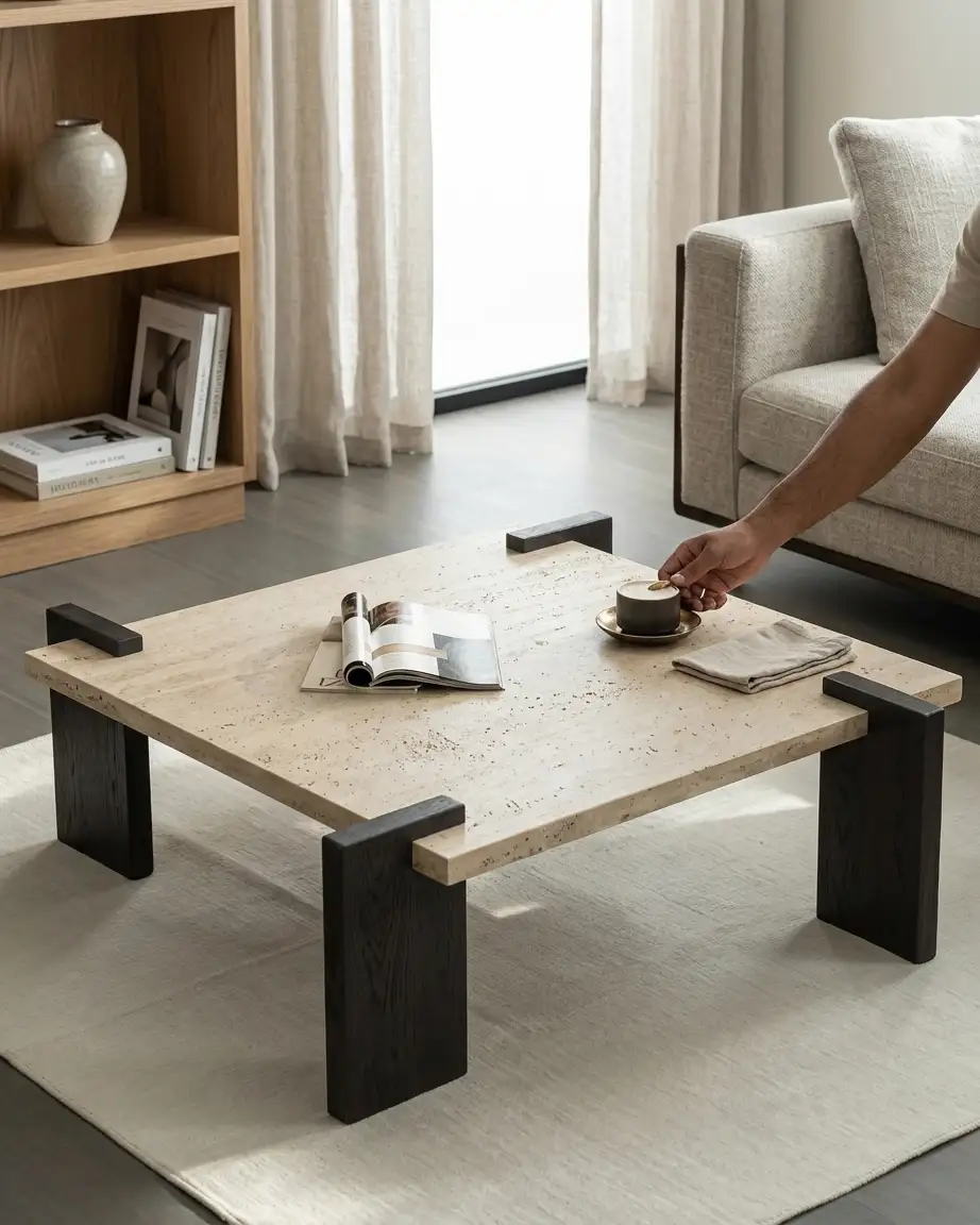 The Brutus architectural center table displayed in a high-end boutique hotel lobby.