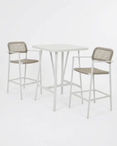 Marine-grade ashby bar stool set with crisp white powder-coated frame and fully woven taupe rope seat