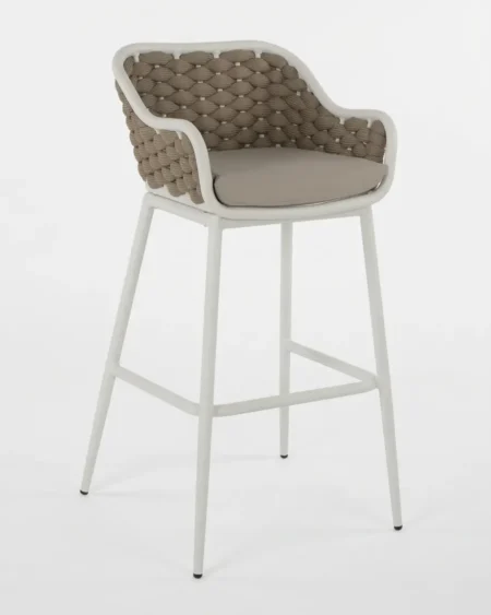 Marine-grade ashford braided-weave bar stool with white powder-coated frame and taupe cushion