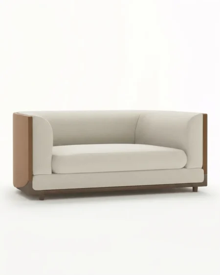 Luxury Aveline Two-Tone Boxed Sofa featuring a solid kiln-dried wood frame, ivory fabric with tan leather accents, and an elegant walnut base for living rooms.