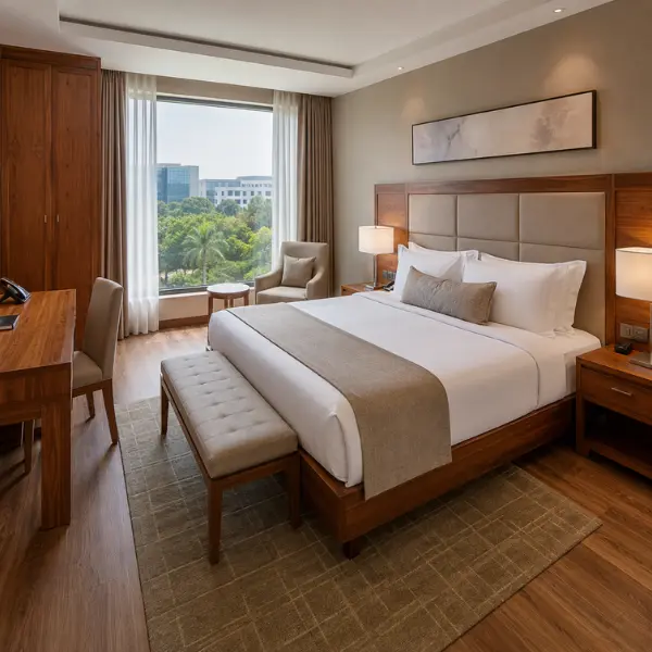Premium solid wood lobby and lounge furniture designed for luxury hotels and resorts.