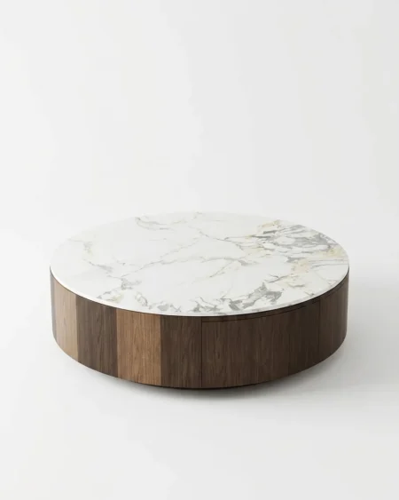 The Baltoro Marble Drum Table featuring a round Calacatta marble top and a cylindrical solid walnut wood storage base.