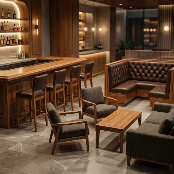 Pune bar furniture manufacturer producing commercial-grade pub, lounge, and nightclub seating in kiln-dried teak wood.