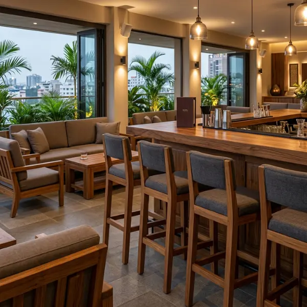Premium custom bar counters and seating crafted by a leading bar lounge furniture manufacturer in Chennai.