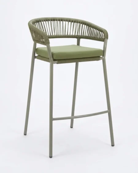 Premium olive green marine-grade aluminium Barrington bar stool with UV-stabilized rope weave and cushioned seat for luxury hotels.