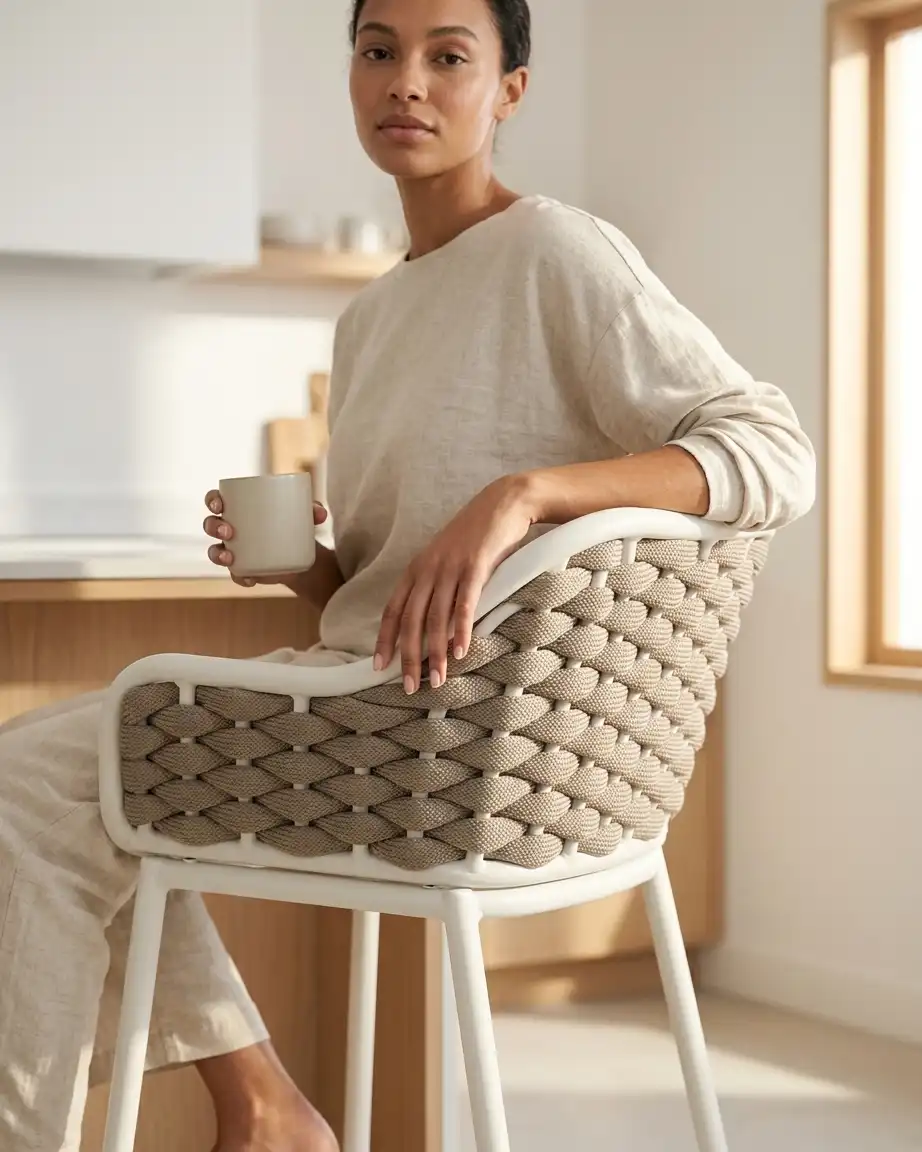 Bespoke high-end hospitality braided rope back bar stool with integrated tubular footrest and armrests