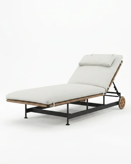 Luxury Bastion rope sun lounger featuring a rust-proof matte black aluminium frame, UV-stabilized synthetic rope weave, and spoke transport wheels, manufactured for high-end resorts.