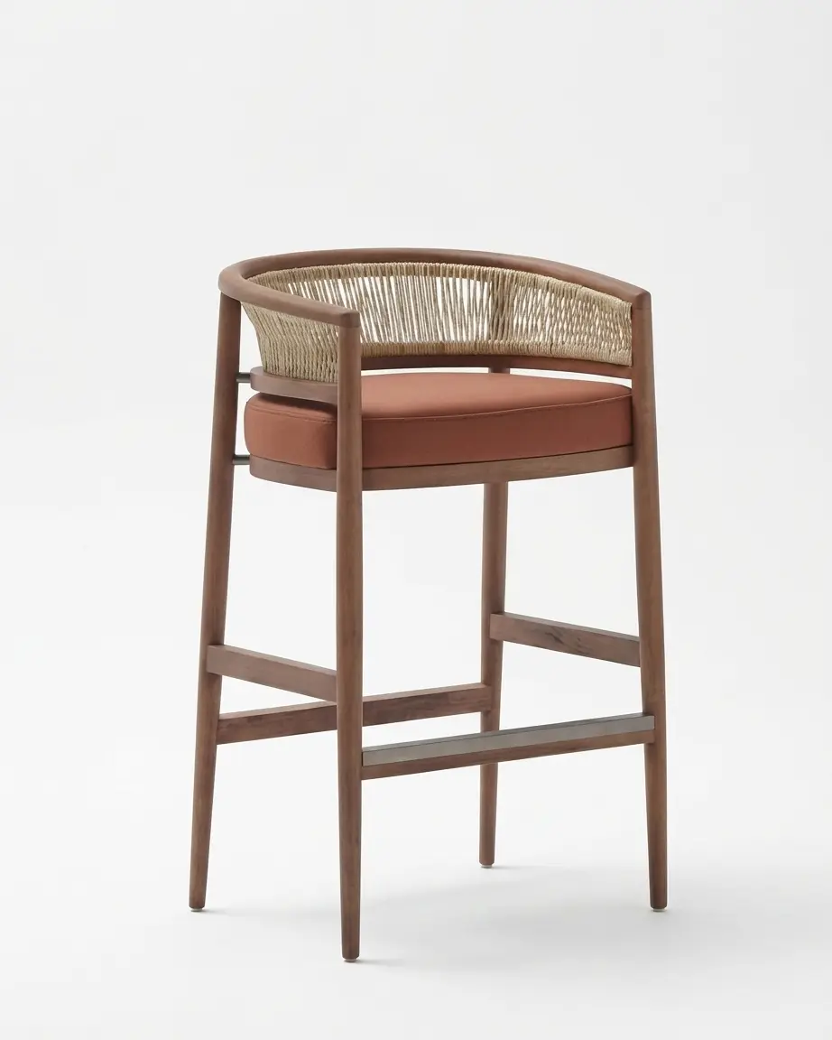 Marine-grade baya rope-weave aluminium bar stool with wood-tone finish and weatherproof cushion
