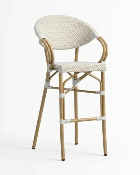 Premium wood-finish marine-grade aluminium Beaumont bar stool with UV-stabilized wicker weave for luxury hotels.