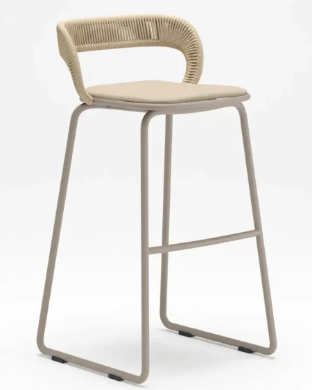 Marine-grade beckham bar stool with beige powder-coated sled-base frame and rope backrest
