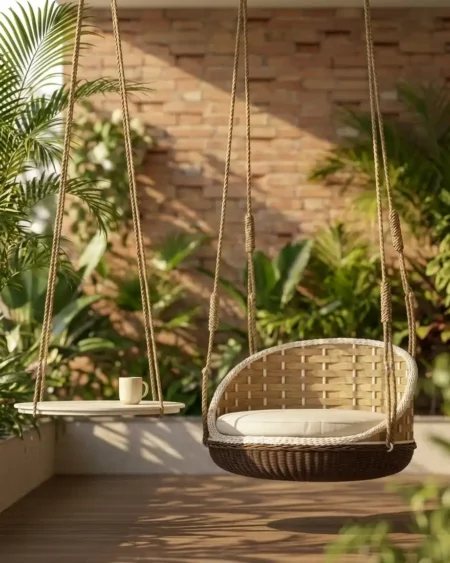 The Belisara Woven Hanging Chair featuring a minimalist ceiling-hung design and premium two-tone wicker weave.