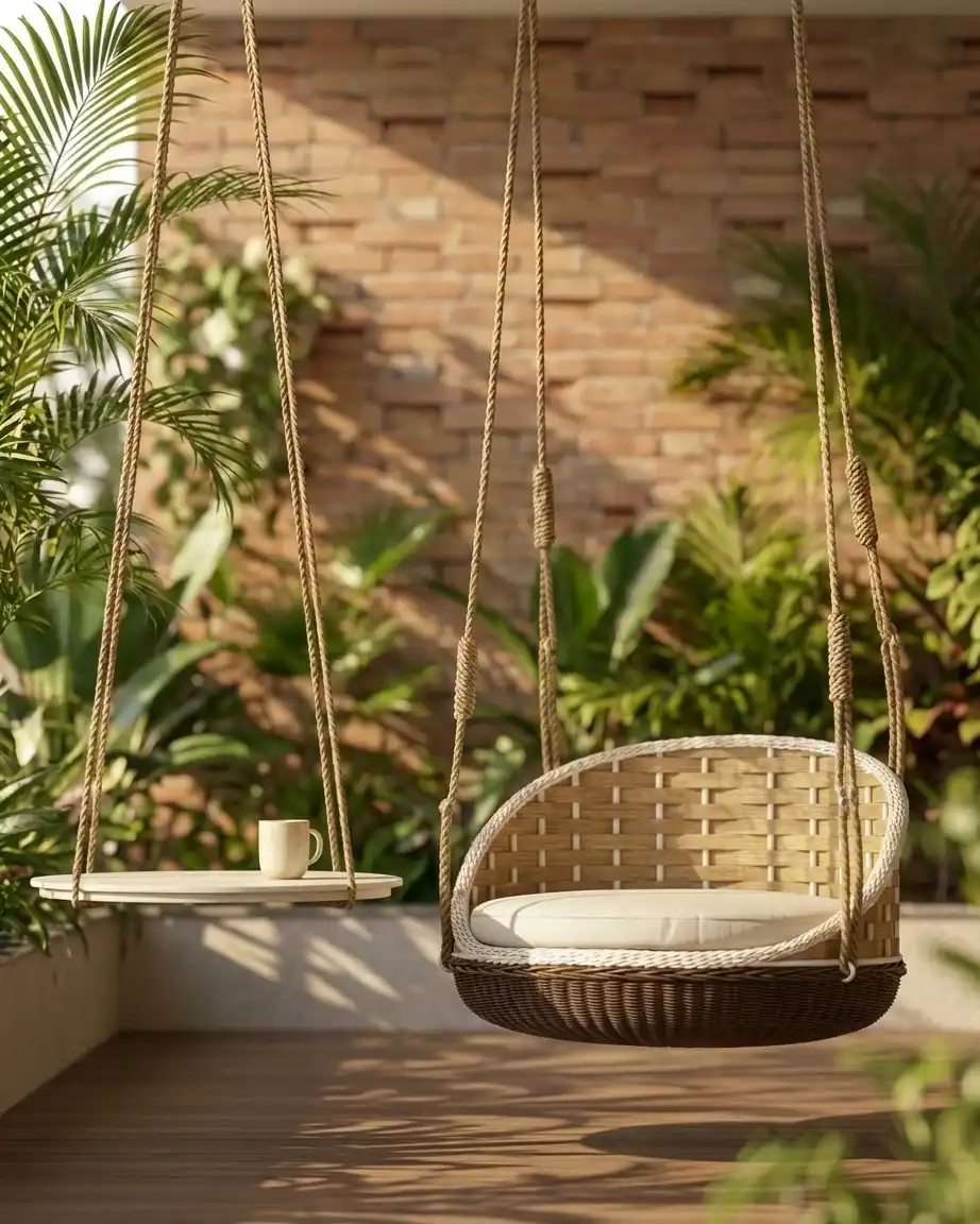 The Belisara Woven Hanging Chair featuring a minimalist ceiling-hung design and premium two-tone wicker weave.