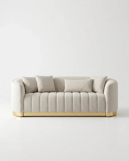 Luxury Belmora Channel-Tufted Velvet Sofa featuring a solid kiln-dried wood frame, ivory velvet upholstery with diamond quilted arms, and an elegant gold base for living rooms.