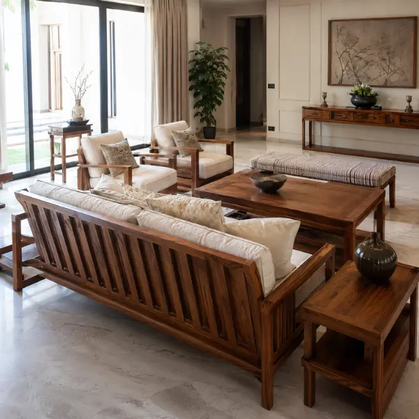 Custom-designed solid teak wood bedroom set tailored for a luxury villa project.