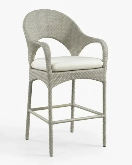 Close up of the UV-stabilized grey HDPE wicker weave on the Sedgwick outdoor bar stool.