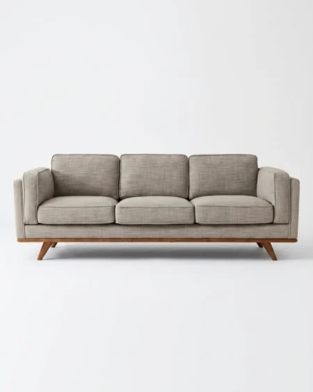 Luxury Bexley Mid-Century Fabric Sofa featuring a solid kiln-dried wood frame, classic track arms, and a walnut-finished wood base for living rooms.