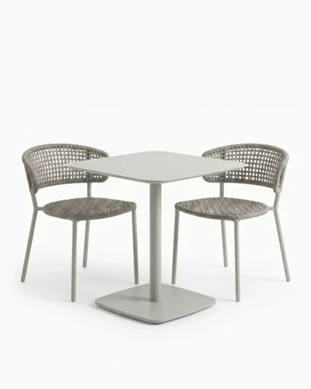Luxury 2 seater bistro weave cafe set featuring a marine grade aluminium pedestal table and stackable rope chairs for commercial hospitality projects.