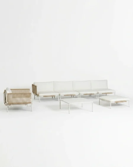 The Blanca Modular Rope Sofa Set featuring a sophisticated modular sectional design with premium white rope weave armchairs and a powder-coated aluminium frame.