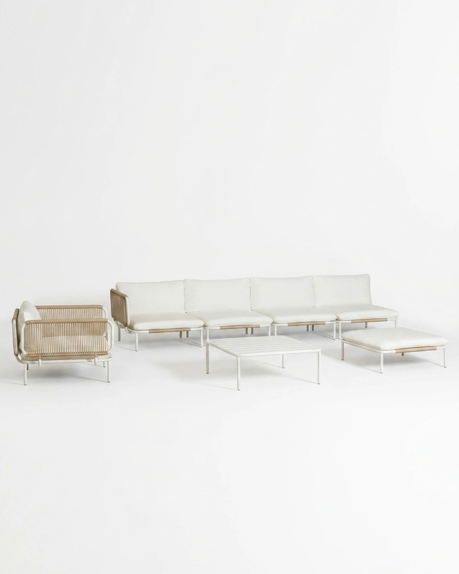 The Blanca Modular Rope Sofa Set featuring a sophisticated modular sectional design with premium white rope weave armchairs and a powder-coated aluminium frame.