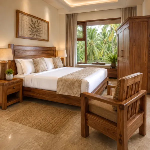 Beautifully designed wooden beds and wardrobes for boutique hotels in Mangalore.