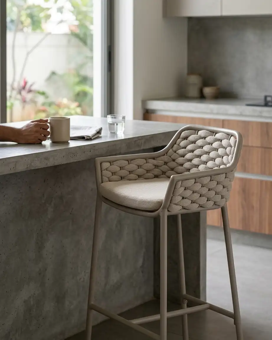 Smooth matte taupe powder coated marine-grade aluminium bar chair with reinforced H-stretcher footrest for resorts