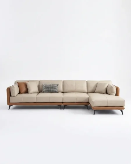 Luxury Bramwell L-Shape Leather Sectional Sofa featuring a solid kiln-dried wood frame, sweeping corner design, beige leather upholstery, and an integrated chaise for living rooms.