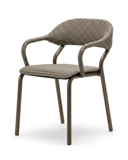Luxury bronze marine-grade aluminium Bronzo herringbone weave armchair with UV-stabilized flat rope and quilted cushion for commercial outdoor dining sets.