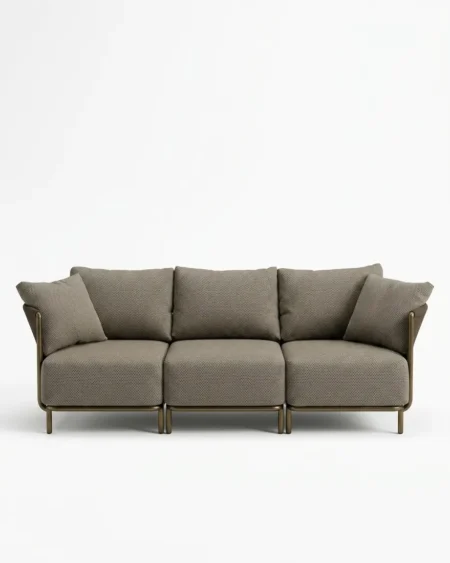 The Bronzo Modular Bronze Frame Sofa featuring a sophisticated modular sectional design with premium leather trim armrests and an antique bronze metal frame.