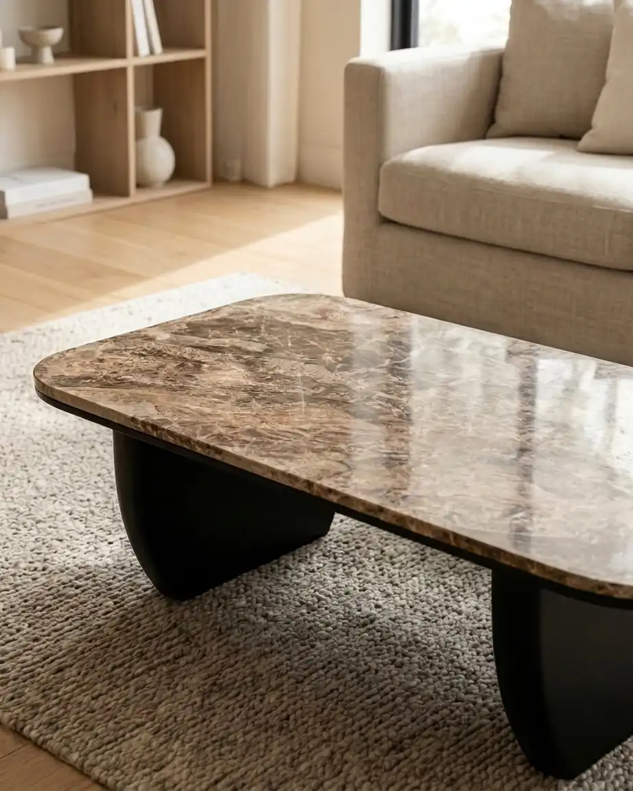 A detailed top angle showing the striking natural white and gold veining of the premium brown Emperador marble top.