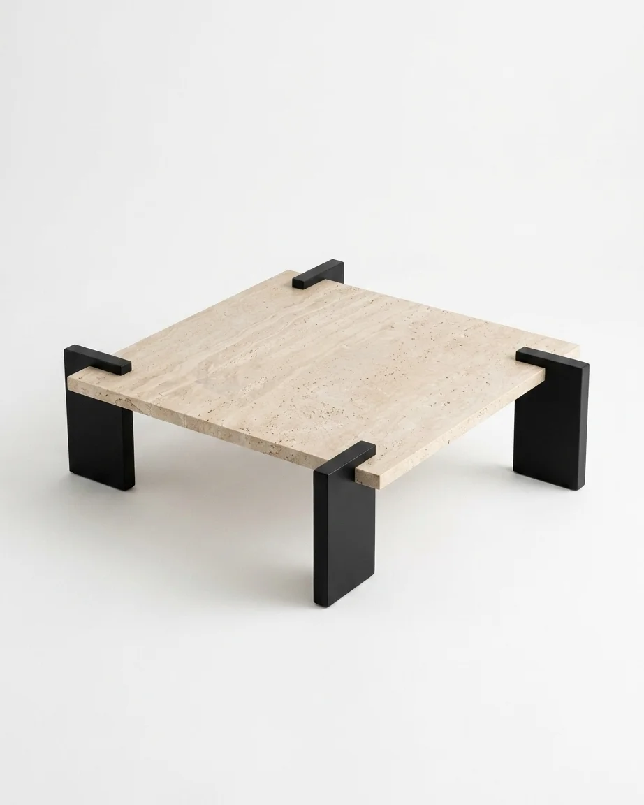 The Brutus Travertine Center Table featuring a massive square natural stone top and brutalist black metal block legs.