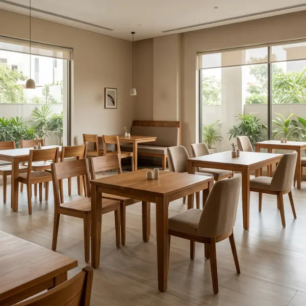 Bespoke cafe furniture and restaurant booth seating crafted from kiln-dried solid teak wood.