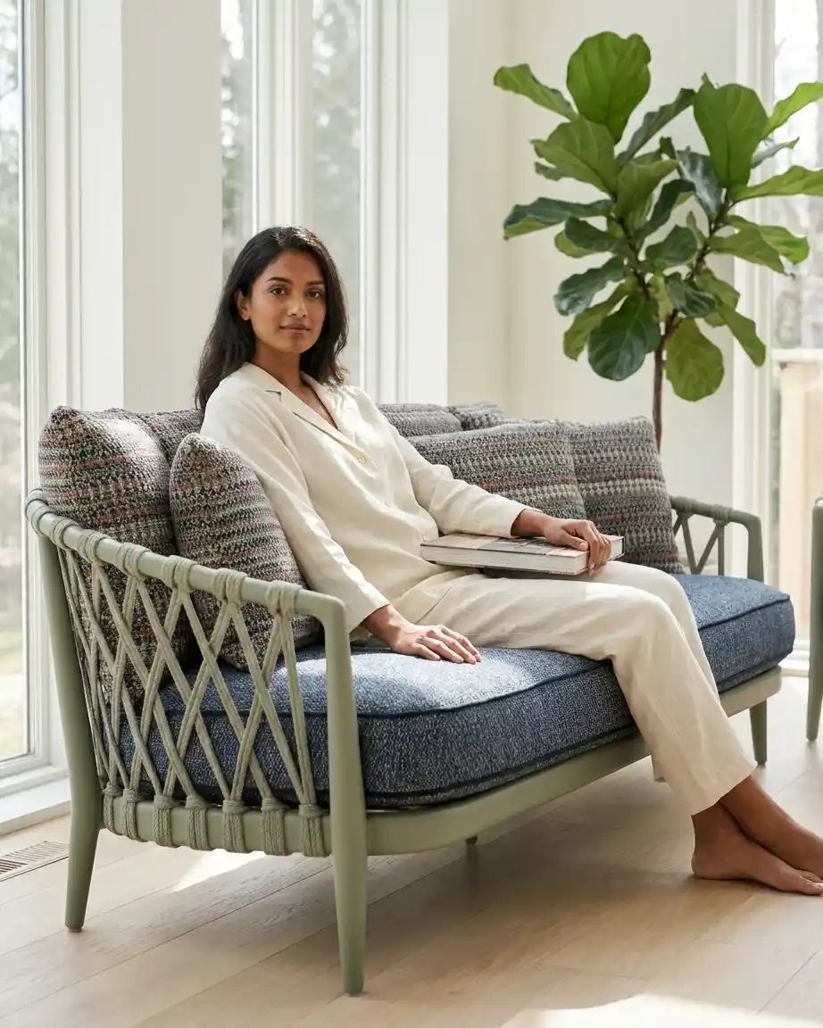 Close up of the intricate crisscross lattice rope weave by the cafe lounge sofa manufacturer.