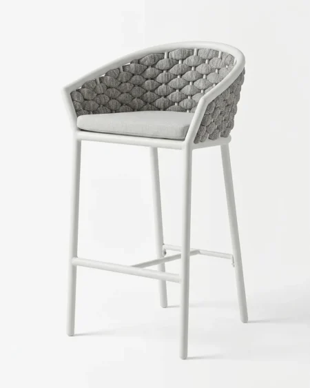 Premium white marine-grade aluminium Callahan bar stool with UV-stabilized braided rope weave and cushion for luxury hotels.