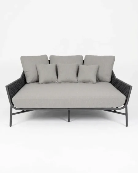Luxury Callan rope-weave outdoor daybed featuring a rust-proof aluminium frame and UV-stabilized synthetic rope, manufactured for high-end resorts.