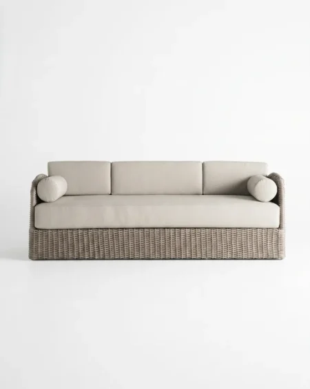 The Calmara Woven Wicker 3-Seater Sofa featuring a minimalist modern design and premium synthetic rattan weave over an aluminium frame.