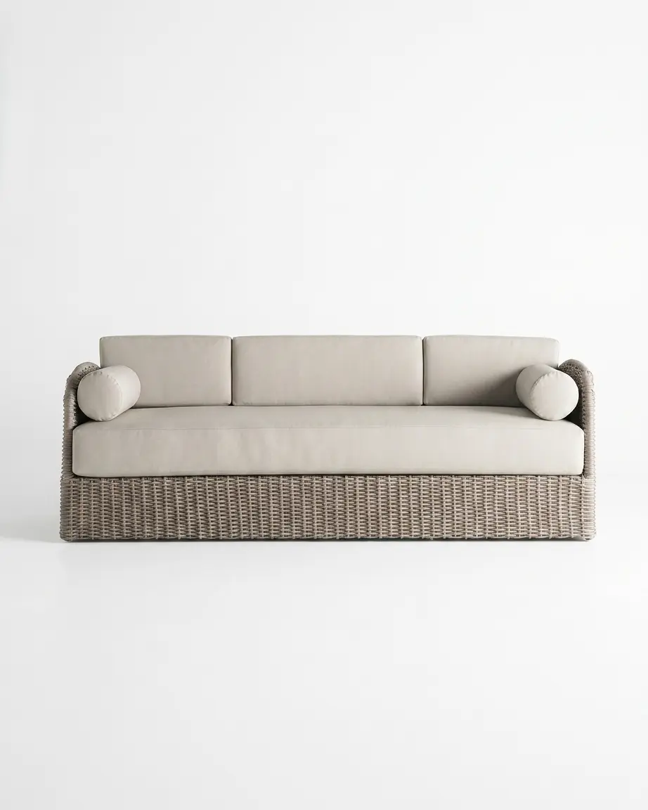 The Calmara Woven Wicker 3-Seater Sofa featuring a minimalist modern design and premium synthetic rattan weave over an aluminium frame.