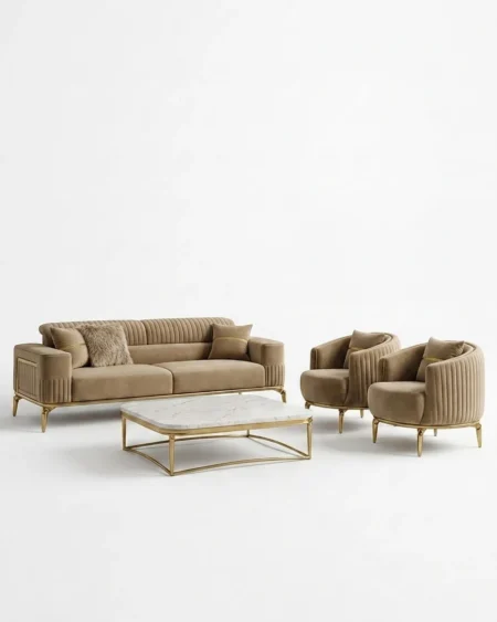 Luxury Camara Channel-Ribbed Velvet Sofa Set featuring a solid kiln-dried wood frame, camel velvet upholstery, and elegant gold legs for living rooms.