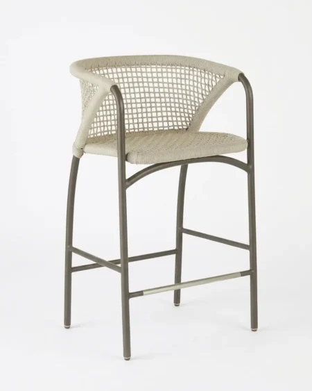 Premium grey marine-grade aluminium Camborne bar stool with UV-stabilized cushionless cross-weave rope for luxury hotels.