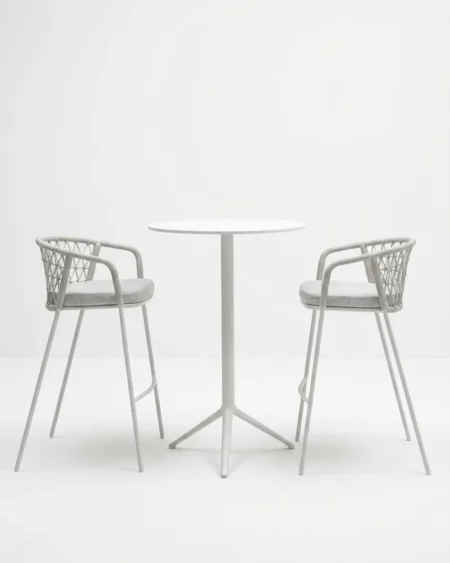 Marine-grade camden bar table and stool set with crisp white powder-coated frames and diamond lattice rope weave