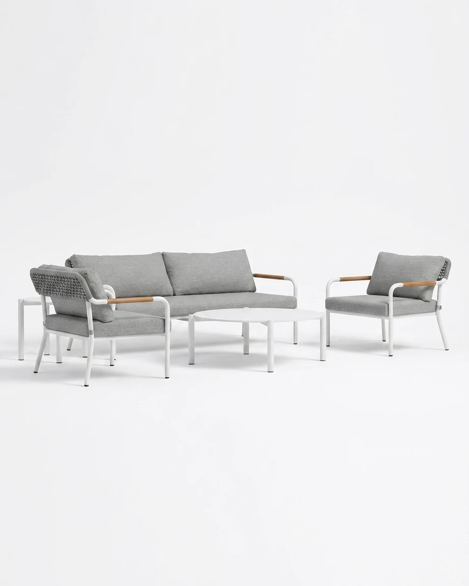 The Capri Teak Trim Lounge Set featuring a sophisticated modern design with premium white aluminium frame and natural teak wood armrests.